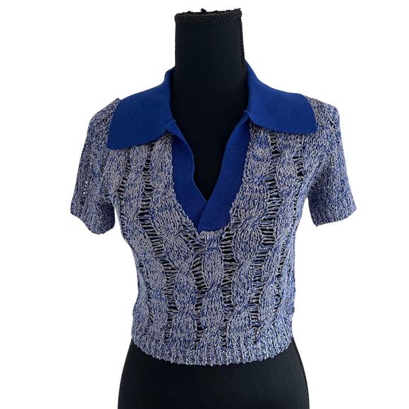 NWOT Free People Cassia Polo V-neck Collar Open Cable Knit Cropped Sweater - xs - Picture 2 of 8